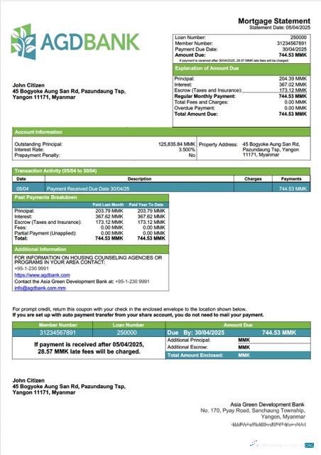 Myanmar Asia Green Development (AGD) Bank mortgage statement Word and PDF template